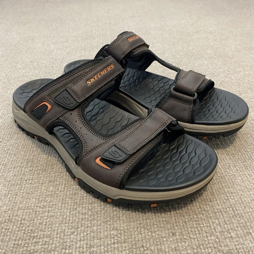 Skechers Relaxed Fit Sandals Mens Size 14 Brown Hook & Loop Slide Trail 205108